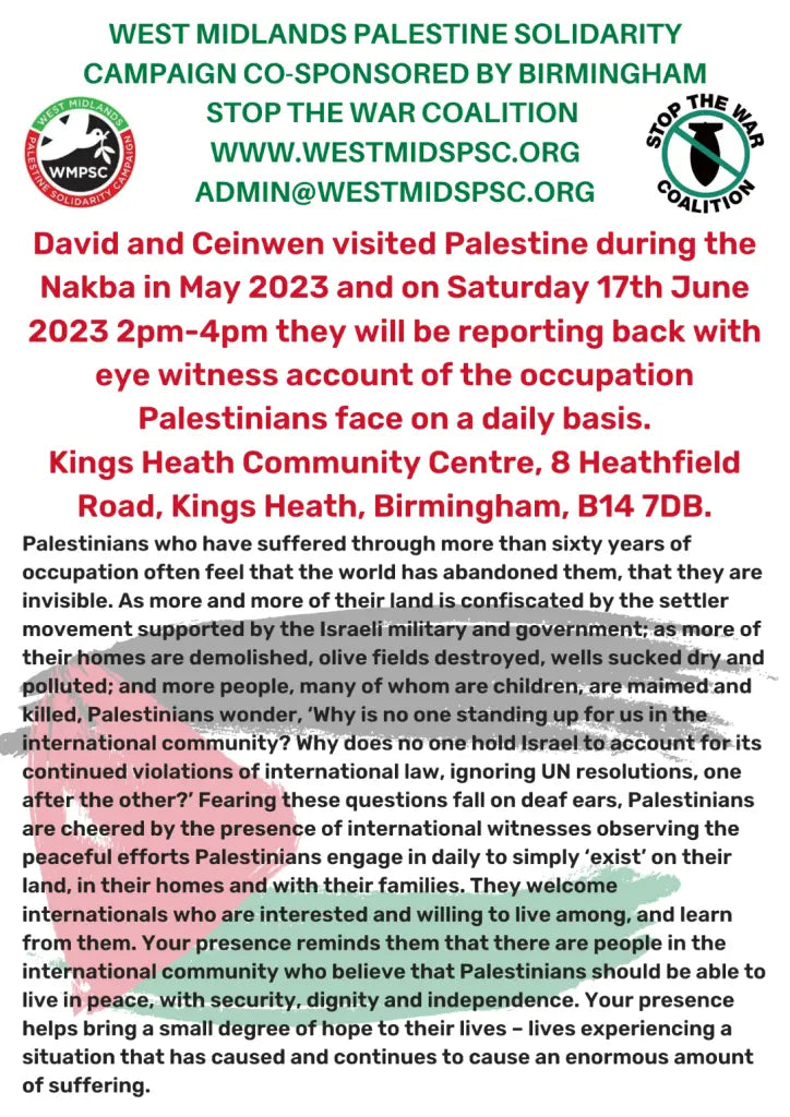 Palestine - Report back from visit to Palestine – WMPSC